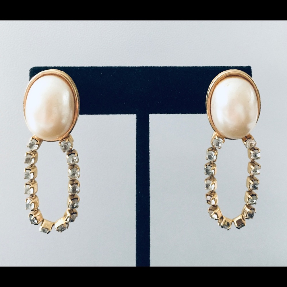 Vintage Pierced Pearl Earrings with Rhinestone Motif